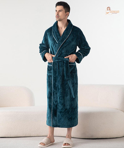 <b>Men's</b> Soft Casual Loose Robe <b>Cardigan</b> Pajamas Plain Dyed <b>Long</b>-Sleeved Flannel Nightgowns <b>for</b> Summer/Winter/Spring - Product Image 1