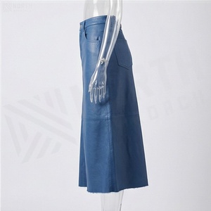 Jupe crayon en cuir PU bleu taille haute pour femme, longueur genou, couleur unie, style minimaliste avec poche - Product Image 3