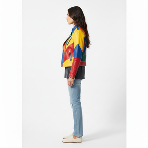 Veste de motard en cuir d'agneau véritable respirante et coupe-vent multicolores pour femmes, design patchwork tendance - Product Image 4