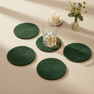 Signature Collection Handcrafted Dark Green Tea Coaster Eco-Friendly Round Modern Design Beaded Table Settings Mats & Pads - Product Image 1