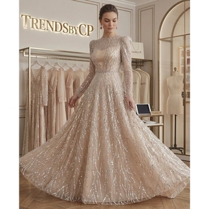 TrendsbyCP Luxury Champagne <b>Sequin</b> Evening Gown O-Neck A-Line Silhouette Handmade Embroidery Regular Sleeve Formal Maxi - Product Image 1