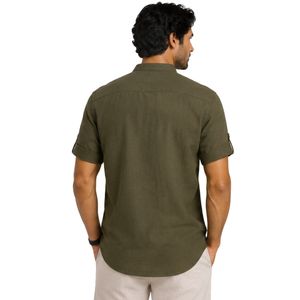 Camisa Casual de Lino y Algodón para Hombre, Color Verde Oliva, Cuello Mandarín, Manga Corta, Transpirable, Verano, Manga Enrollable, Logotipo Personalizado - Product Image 2