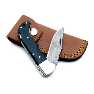 Handmade Damascus Steel Foldable Pocket Knife Black Horn <b>Back</b> Lock Leather Sheath Wood Handle Hunting Camping MORTAL SAGA - Product Image 3