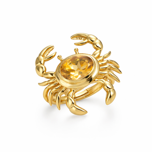 Bague Glamour Moku en Laiton avec Crabe et Citrine Ovale Facettée, Sertie en Bezel, Design Inspiré de l'Océan, Faite à la Main, Bijoux pour Femme - Product Image 1