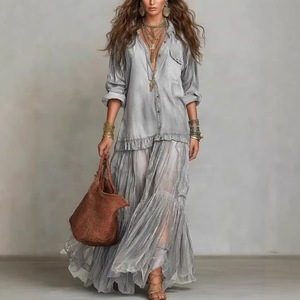 Robe longue en jean pour femme, motif floral numérique, volants, sans manches, coupe ample, taille naturelle, tissée, style A-line, pour l'été, les fêtes et les loisirs - Product Image 5
