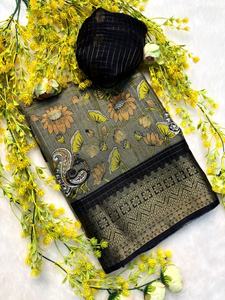 Soft Dola Silk Stylish Party Sarees with Kalamkari Design Jecqurd Butta Contrast Zari Weaving Hamsa Borders Blouse Shown in <b>Pic</b> - Product Image 4