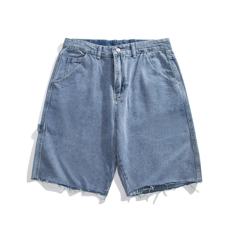 Men's Straight Leg Denim Shorts High Waist Distressed Raw Edge Cotton Casual Summer Shorts With Pockets Woven Fabric