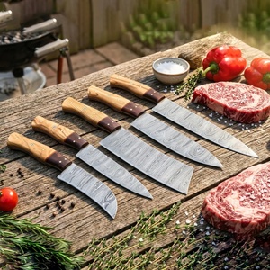 Ensemble de couteaux de cuisine multifonctionnels en acier damas, 5 pièces, faits à la main, design ambidextre, manches en bois, pour le camping en plein air - Product Image 5
