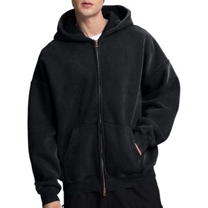 Sweat à capuche zippé noir vintage délavé personnalisé pour homme – Fermeture éclair intégrale – Style décontracté streetwear - Product Image 1