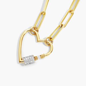 Diamond Heart Lock Paperclip Split Chain <b>Necklace</b> In Yellow Gold - Product Image 6
