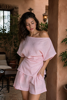 Ensemble deux pièces OEM personnalisé pour femme, style bohème, en lin et coton, chemisier asymétrique et short plissé au-dessus du genou, assorti pour l'été, taille XL