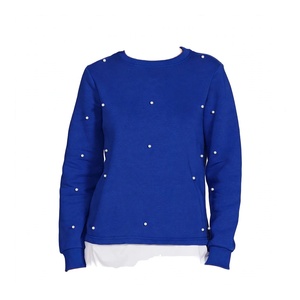 Sudadera Azul Rey con Cuello Redondo y Perlas, Jersey Casual de Manga Larga para Mujer, Top de Forro Polar con Efecto de Dos Piezas, Ideal para Invierno - Product Image 1