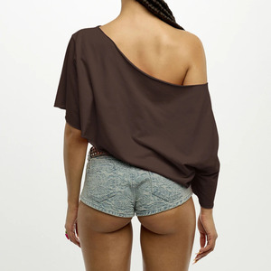 Custom Fashion Women's <b>One</b> Shoulder Asymmetric Crop <b>Top</b> Solid Color Loose Fit Three Quarter Sleeve Polyester Woven Summer Style - Product Image 2