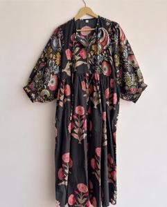 Robe longue bohème à imprimé floral pour femme, coupe ample, manches bouffantes, col rabattu, en viscose, robe décontractée d'été, tenue de plage et de villégiature - Product Image 1