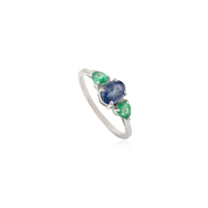 Classy Three Stone Natural Oval Blue Sapphire & Pear Shape <b>Emerald</b> 925 Sterling <b>Silver</b> <b>Ring</b> for Women Wholesale Fine Jewelry - Product Image 3