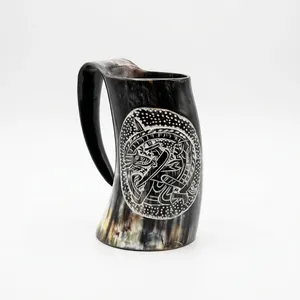Mug à boire en corne de buffle polie fait main, forme naturelle, toucher réel, thème animal sculpté, objet d'art de collection, base durable - Product Image 5