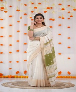 Sari tradicional indio de algodón con borde verde y rayas para bodas, sari largo hasta el suelo para mujer - Product Image 2