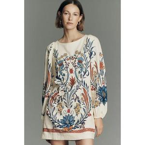 Robe décontractée de luxe pour femme en lin imprimé, plissée, à manches bouffantes, personnalisée, en coton tricoté de haute qualité, à manches longues - Product Image 1