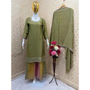 DISEÑADOR CHINON SECUENCIA BORDADA DE SECUENCIA TOP DE TRABAJO PALAZZO CON DUPATTA VERDE - Product Image 1