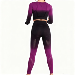 Conjunto de Yoga para Mujer, Diseño a Cuadros, Secado Rápido, Color Degradado, Leggings Largos, Top Corto con Cuello Redondo, Manga Larga, Cintura Alta, 2 Piezas - Product Image 2