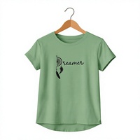 T-shirt élégant pour femme Dreamer, vert, col rond, manches courtes, imprimé, jersey en coton, coupe ajustée, écologique, respirant, toutes saisons