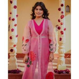 ชุดมิชิกะ XS สีชมพูโรส ลายเพ้นท์มือ 3 ชิ้น ผ้าชีฟอง แบบเสื้อท่อนบน - Product Image 5