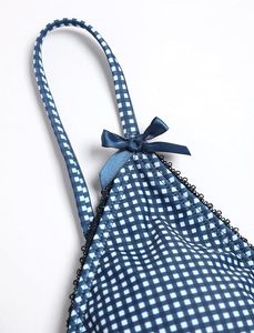 Conjunto de bikini azul a cuadros con estampado de animales/letras para mujer, tirantes finos, cuello en V profundo, detalles de lazo, alto soporte, encaje triangular brasileño - Product Image 4