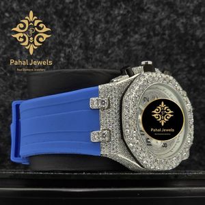 นาฬิกาควอตซ์หรูสำหรับผู้ชาย Pahal Jewels ขอบเพชร ประดับมอสซาไนต์สีน้ำเงิน สายสแตนเลส ตัวเลขแบบอารบิก แสดงผลแบบอนาล็อก กันน้ำ - Product Image 3