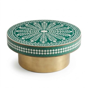 Table basse ronde artisanale en os incrusté avec piétement en laiton, motif étoile géométrique moderne, style marocain, table d'appoint centrale - Product Image 2