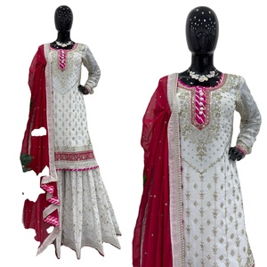 Belle robe de mariée brodée à la main rose et or pour le costume Sharara traditionnel indien exquis - Product Image 1