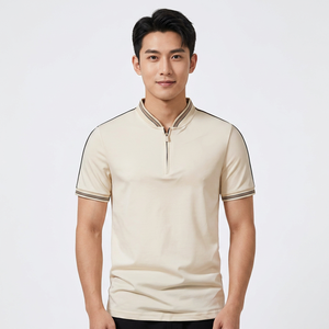 Polo à manches courtes pour homme, fermeture éclair, couleur unie, tricoté, style décontracté, beige - Product Image 3