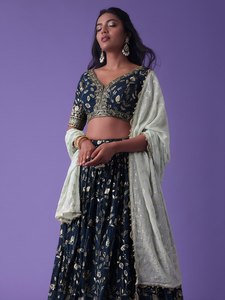 Embroidered Embossed Lehenga Choli Set Women Traditional Floral Ethnic <b>Wedding</b> Party Outfit with Dupatta Cotton Chiffon - Product Image 4