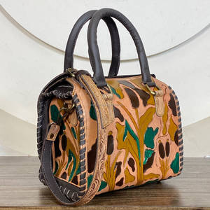 Luxury Western Hand Tooled <b>Leather</b> Floral Grass Print 9 Inch Duffel <b>Bags</b> High Quality Durable Women Fashion Crossbody Handbags - Product Image 5
