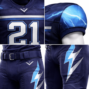 Vêtements de sport d'équipe respirants en gros : Maillot et pantalon de football américain personnalisés pour hommes, motif éclair bleu - Product Image 6