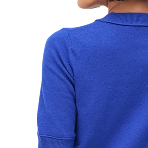 Pull en maille bleu cobalt super doux à manches courtes pour femme, col rond, pull décontracté avec poignets et ourlet côtelés - Product Image 4