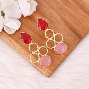Handmade <b>Red</b> Hydro & Pink Cat'seye Gemstone Brass <b>Drop</b> <b>Earrings</b> Gold Plated Fashion Jewelry for Women - Product Image 2