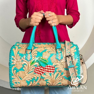 Sacs de voyage et de week-end Speedy en cuir véritable turquoise, faits main, à carreaux, en cerisier, avec motifs de designer, grande capacité - Product Image 1