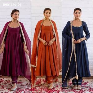 Premium Quality Vichitra Silk with Neckline & Sleeve Border <b>Beads</b> work Anarkali Readymade Suit-Pant-Dupatta Indian Supplier - Product Image 4