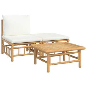 Ensemble de salon de jardin en bambou blanc crème 3 pièces avec coussins pour la détente en plein air - Product Image 2