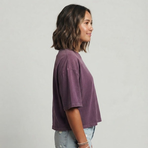 T-shirt décontracté ample à col rond et manches courtes pour femme, effet délavé soleil, coupe ample, style vintage, délavé à l'acide, pour femme - Product Image 3