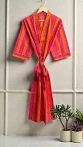 Bata Kimono de Algodón con Estampado de Bloques, Casual, Suave y Transpirable, Talla Única, Ropa de Dormir de Verano para Mujer - Product Image 6