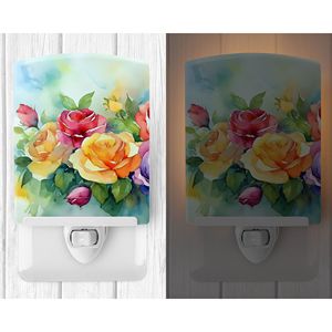 Luz de noche de cerámica con acuarela de rosas con certificación UL compacta 6x4x3 Multicolor para dormitorio, baño, guardería, pasillo, cocina - Product Image 2
