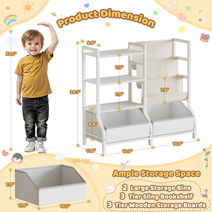Organisateur de rangement pour livres et jouets pour enfants, étagère à livres à 3 niveaux avec 2 bacs en tissu, étagère Montessori pour salle de jeux, chambre à coucher - Product Image 3