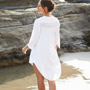 Comfortable Simple Woven <b>White</b> Rayon V-Neck Button Down Women's Casual Shirt Dress 3-Piece <b>Set</b> Beach Cover-Up Swim Dress - Product Image 3