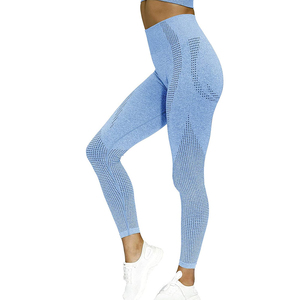 Women Yoga Set Solid Blue Breathable <b>Mesh</b> <b>Crop</b> <b>Top</b> High Waist Leggings Seamless Full Length Racerback Sleeveless 2 Piece - Product Image 4