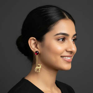 Drop <b>Earrings</b> with Deer Motif and <b>Red</b> Stones in Rose Gold and Platinum - Product Image 1