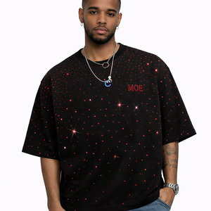 Camiseta Negra Oversize de Algodón para Hombre con Pedrería Roja y Cristales Brillantes 2026 - Estilo Hip Hop de Lujo y Streetwear Bling - Product Image 2