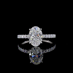 Bague de fiançailles solitaire classique en diamant de laboratoire certifié IGI, taille ovale, avec bande pavée, or 10K/14K/18K, argent 925/935, cadeau de mariage - Product Image 1