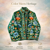 Jaket Bomber Beludru Jahitan Tangan Artisan Bordir Bunga Vintage Kerah Tegak Berlapis Katun Pakaian Luar Mewah