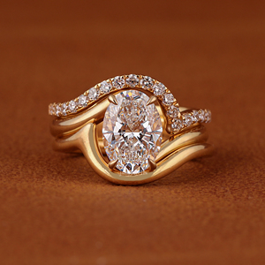 2.50 Carat Oval Cut Lab Grown Diamond Engagement Ring Matching 14k Solid Gold Two Curved eternity Wedding Band Bridal Ringset - Product Image 1